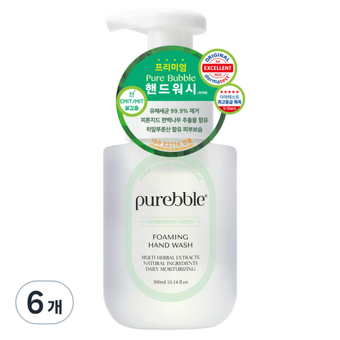 퓨어블 프리미엄 포밍 핸드워시 청량한 그린 편백향 본품, 6개, 300ml