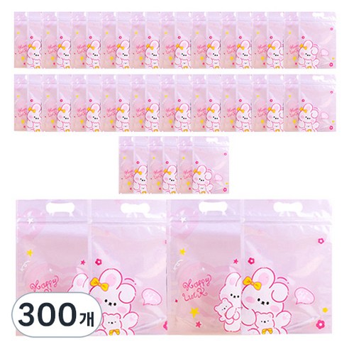 미미파티 감성 귀여운 구디백 손잡이 지퍼백 포장 봉투, 핑크토끼, 300개