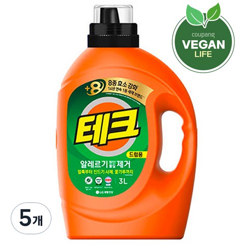 테크 알레르기 원인 제거 드럼용 액상세제 본품, 3L, 5개