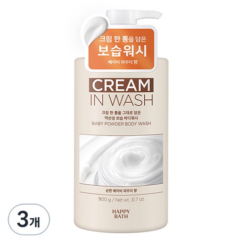 해피바스 크림인 약산성 보습 바디워시 베이비 파우더향, 900g, 3개