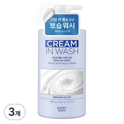 해피바스 크림인 약산성 보습 바디워시 화이트머스크향, 900g, 3개