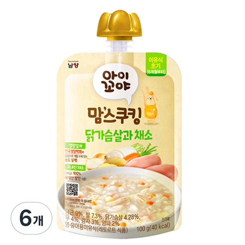 아이꼬야 유아용 맘스쿠킹 레토르트 이유식, 닭가슴살 + 채소 혼합맛, 100g, 6개