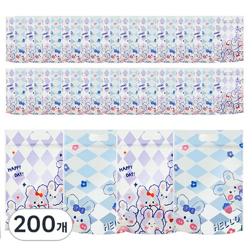 미미파티 감성 귀여운 구디백 손잡이 지퍼백 포장 봉투, 블루토끼, 200개