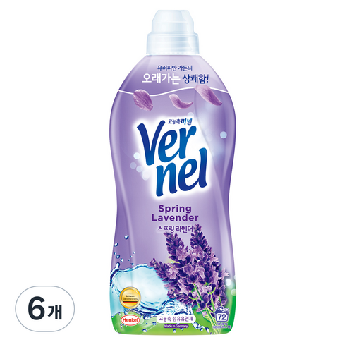 버넬 고농축 섬유유연제 스프링 라벤더 본품, 1.8L, 6개