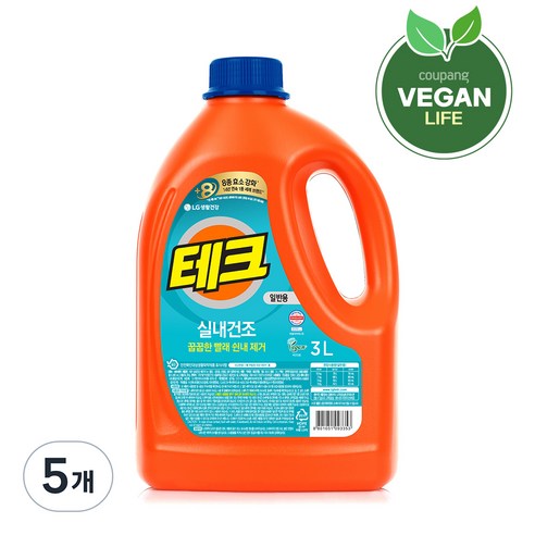 테크 실내건조 액체세제 일반 단캡, 3L, 5개