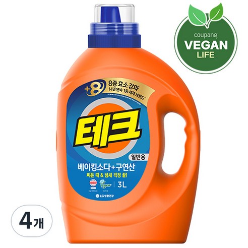 테크 베이킹소다+구연산 액체세제 일반 용기, 3L, 4개