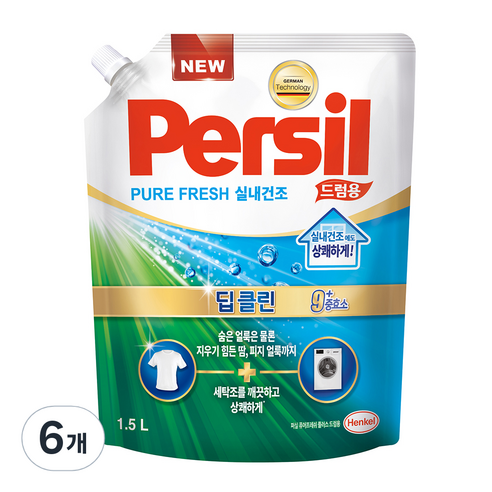 퍼실 퓨어프레쉬 실내건조 플러스 드럼용 액상세제 리필, 1.5L, 6개