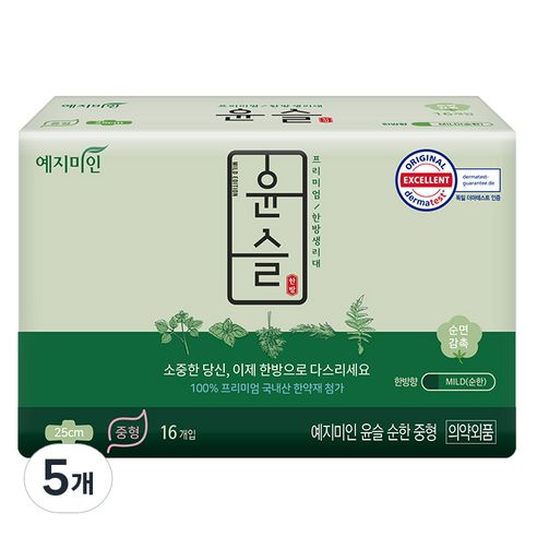 예지미인 윤슬 순한순면 중형 생리대 날개형, 16개입, 5개