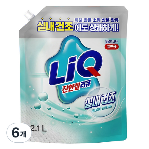 리큐 진한겔 하이브리드 실내건조 일반용 액상세제 리필, 2.1L, 6개