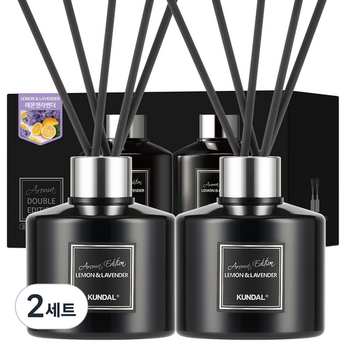 쿤달 퍼퓸 디퓨저 아로마 에디션 2개 + 섬유스틱 10개, 레몬앤라벤더향, 200ml, 2세트