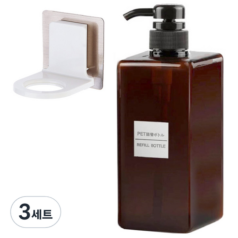 모나코올리브 호텔식 샴푸 린스 디스펜서 650ml + 무타공 샴푸홀더 세트, 브라운(디스펜서), 3세트