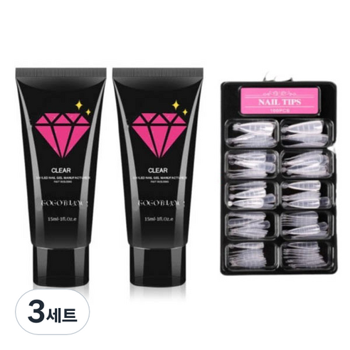 고고블랑 네일연장 폴리젤 30ml 세트, 폴리젤 클리어핑크 + 화이트 + 연장팁 스틸레토 100p + 구성품 3종, 3세트