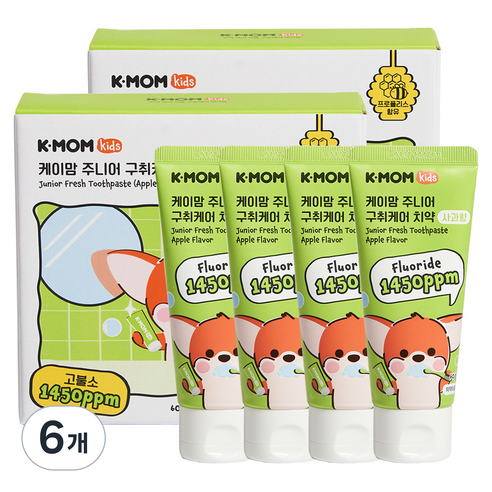 케이맘 아동용 구취케어 1450ppm 사과향 고불소 치약 4p, 6개, 240g
