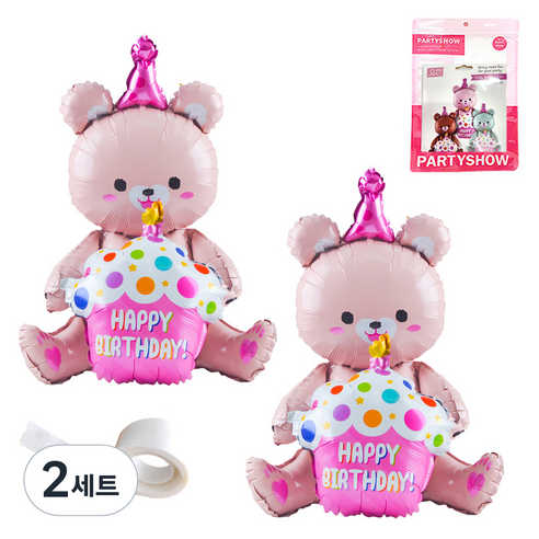 파티쇼 생일파티 곰돌이 은박 풍선 컵케익 2p + 글루닷 접착 스티커 세트, 핑크(곰돌이 은박 풍선), 핑크(곰돌이 은박 풍선), 2세트