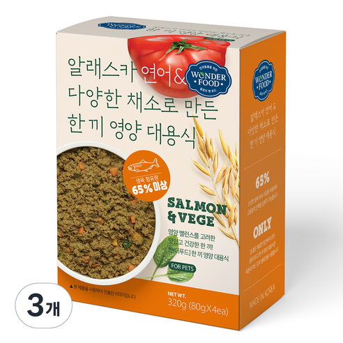 원더푸드 강아지 전연령용 한 끼 영양 대용식 닭고기 사료 4p, 연어, 320g, 3개
