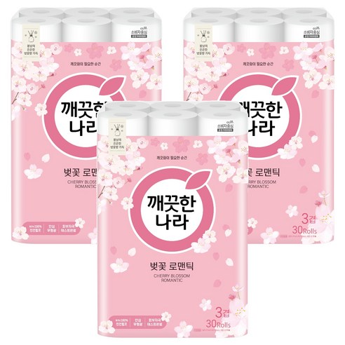깨끗한나라 벚꽃 로맨틱 천연펄프 3겹 고급롤화장지, 27m, 30개입, 3개