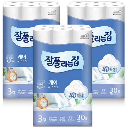 잘풀리는집 케어앤소프트 3겹 롤화장지 27m, 3팩, 30롤
