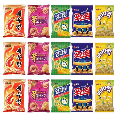 농심 과자 세트, 새우깡 90g x 3p + 꿀꽈배기 90g x 3p + 양파링 84g x 2p + 포스틱 84g x 2p + 바나나킥 75g x 2p, 3세트