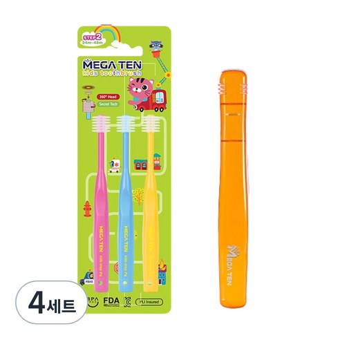 메가텐 키즈 360 어린이 유아칫솔 2단계 3P + 케이스세트, 혼합색상, 4세트