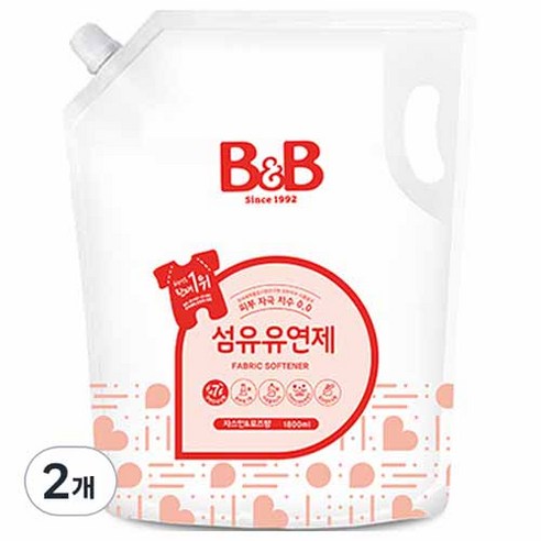 비앤비 섬유유연제 자스민 앤 로즈 리필, 1.8L, 2개
