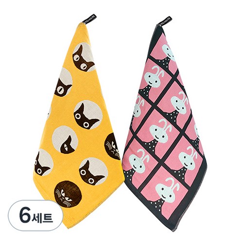 북유럽풍 순면 일러스트 면행주 2종 세트, 6세트, 007 행복고양이, 랜덤발송