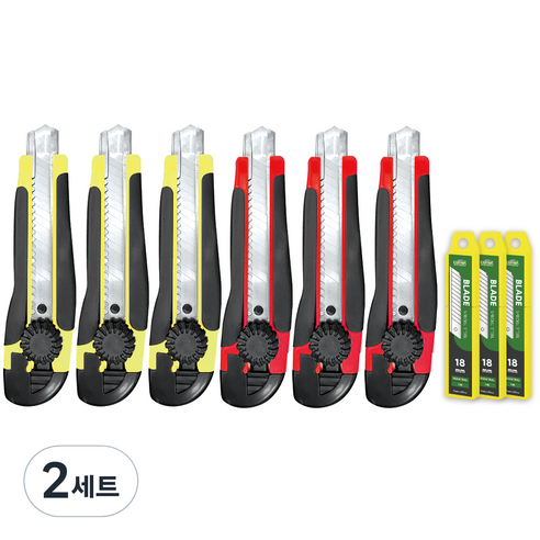 코멧 전문가용 잠금식 대형 스크류 러버 커터칼 6개 + 칼날 30개 세트, 혼합색상, 2세트