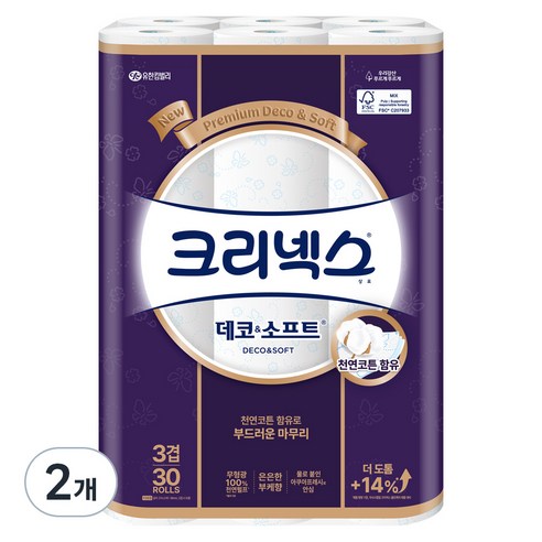 크리넥스 3겹 데코&소프트 천연펄프 고급롤화장지, 27m, 30개입, 2개