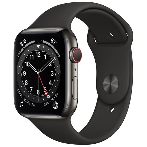 Apple 애플워치 6, 그래파이트 스테인리스 스틸 케이스,블랙 스포츠 밴드, 44mm, GPS+Cellular