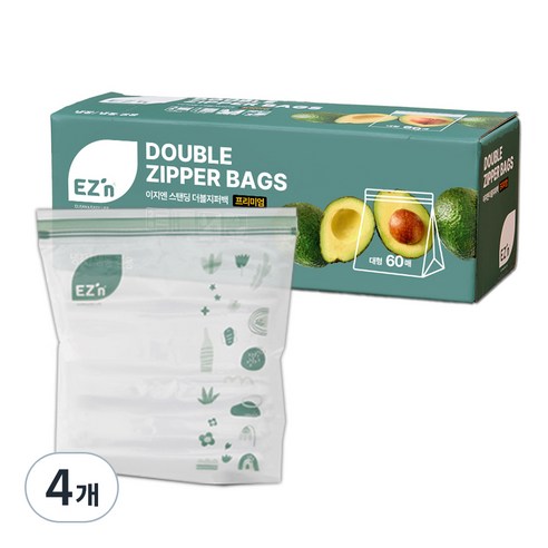 EZn이지엔 프리미엄 더블지퍼백 냉장 냉동 겸용, 대(L), 60개입, 4개
