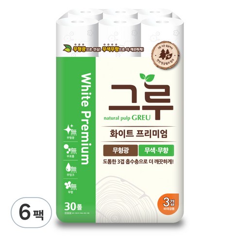 그루 3겹 천연펄프 화이트 프리미엄 롤화장지 27m, 30개입, 6개