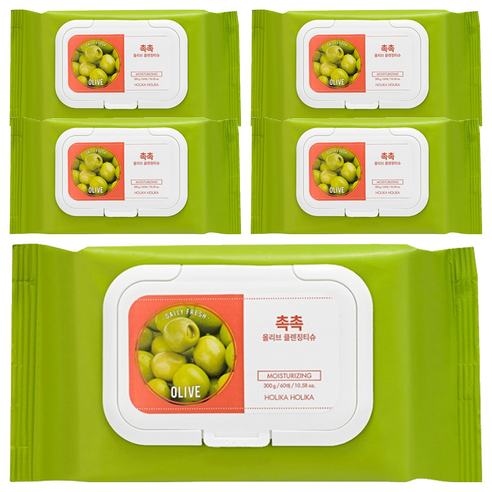 홀리카홀리카 데일리 프레시 촉촉 올리브 클렌징 티슈 300g, 60매입, 5개