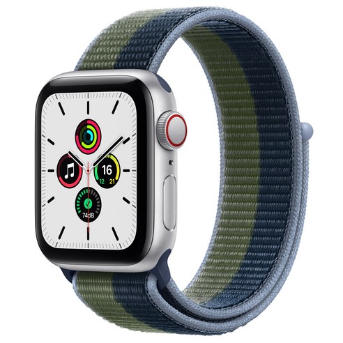 Apple 애플워치 SE, 실버 알루미늄 케이스, 어비스블루 + 모스그린 스포츠 루프, 40mm, GPS+Cellular