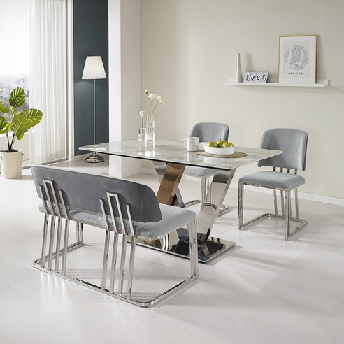 로드퍼니처 랜디 4인용 1400 양면 세라믹 식탁 + 벤치의자 + 일반 의자 2p 세트 방문설치, 화이트 + 그레이