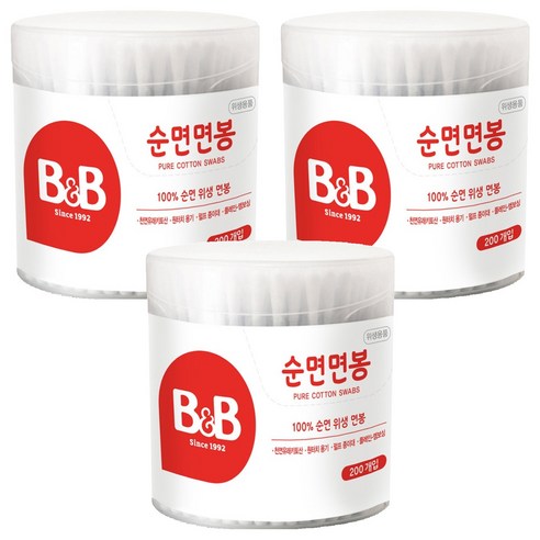 비앤비 원형 유아용 면봉, 200개입, 3개