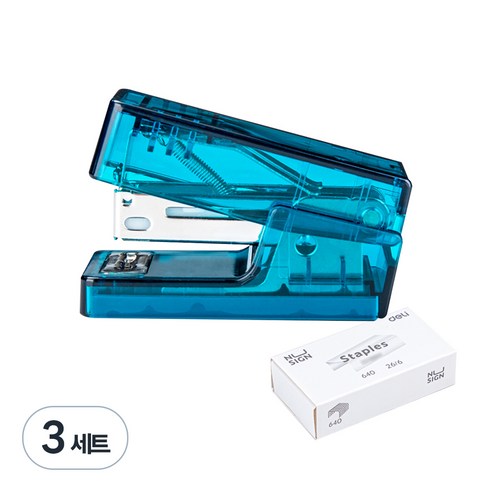 DELI 누사인 투명 미니 스테이플러 + 33호심 세트, 투명 블루, 3세트