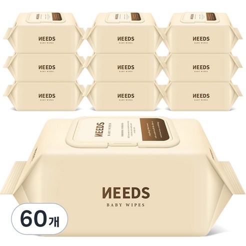 NEEDS 브라운 저자극 도톰 엠보싱 아기물티슈 캡형, 80g, 70매, 60개