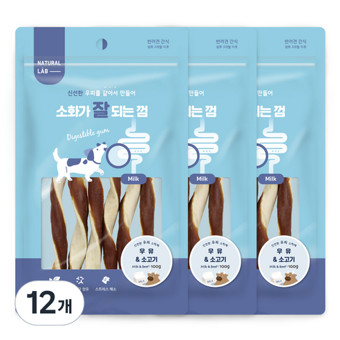 내츄럴랩 소화가 잘되는 껌 강아지 간식, 우유 + 소고기 혼합맛, 100g, 12개