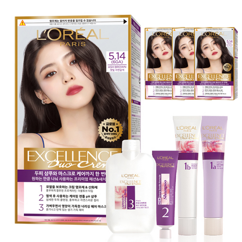 로레알파리 엑셀랑스 듀오크림 염모제, 5.14호 애쉬 브라운 6GA, 4개