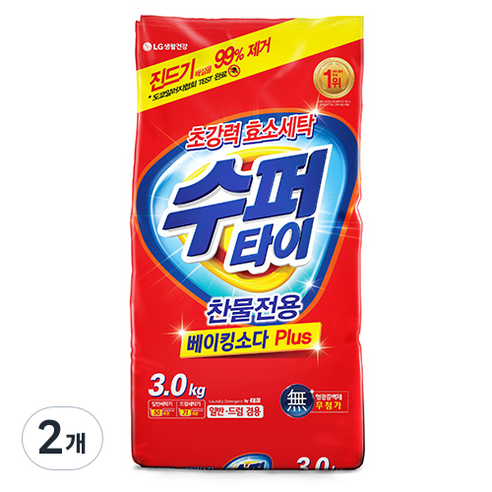 수퍼타이 찬물 전용 실내건조 분말세제 효소 세탁세제 일반드럼 겸용 리필, 3kg, 2개