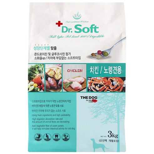 닥터소프트 더독 치킨 7세 이상 시니어 노령견용 사료, 3개, 3kg, 닭