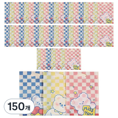미미파티 감성 귀여운 구디백 손잡이 지퍼백 포장 봉투, 체크곰돌이, 150개
