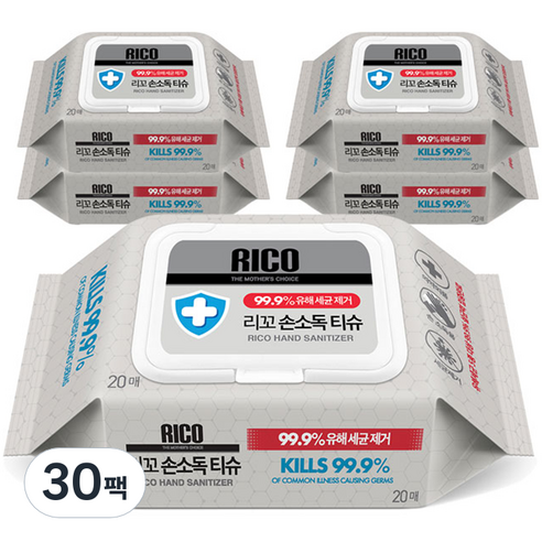리꼬 손소독 물티슈 캡형, 20매, 30팩