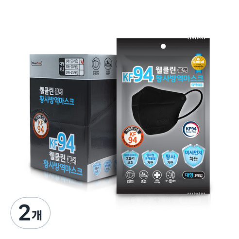 웰클린 황사 방역 마스크 블랙 대형 KF94, 1개입, 100개