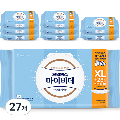 크리넥스 마이비데 클린케어 엑스라지 화장실용 물티슈 캡형, 40매, 27팩