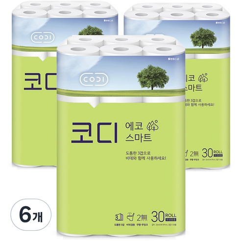 코디 3겹 에코 스마트 롤화장지 22m, 30롤, 6개