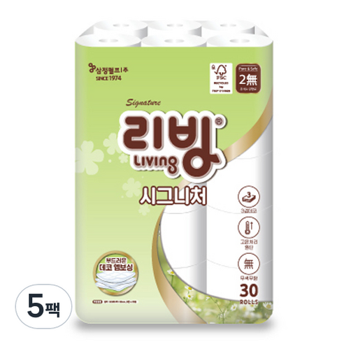 리빙티슈 시그니처 3겹 고급롤화장지 30m, 30개입, 5개