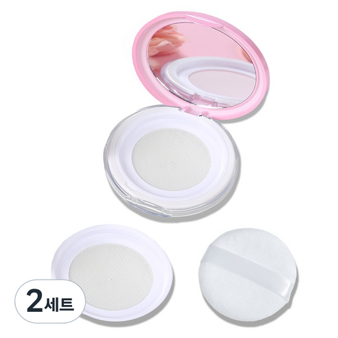 셀프천사 슬림형 가루 파우더 공병 케이스 + 파우더 퍼프 + 리필 그물망 세트, 2세트, 핑크