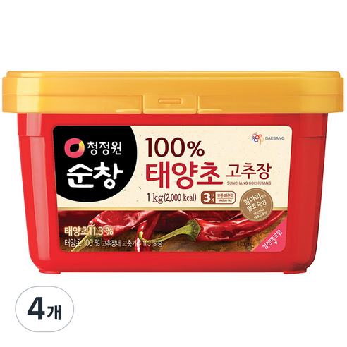대상 청정원순창 햇살담은 태양초 고추장 사각, 1kg, 4개