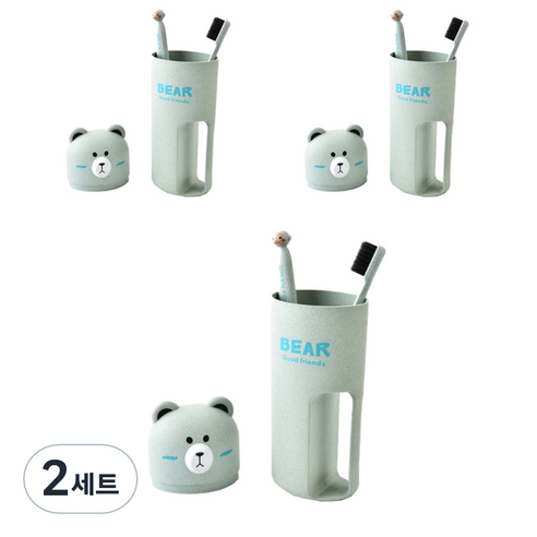 에버하우스 곰돌이 칫솔 케이스 3p + 칫솔 6p 세트, 그린, 2세트