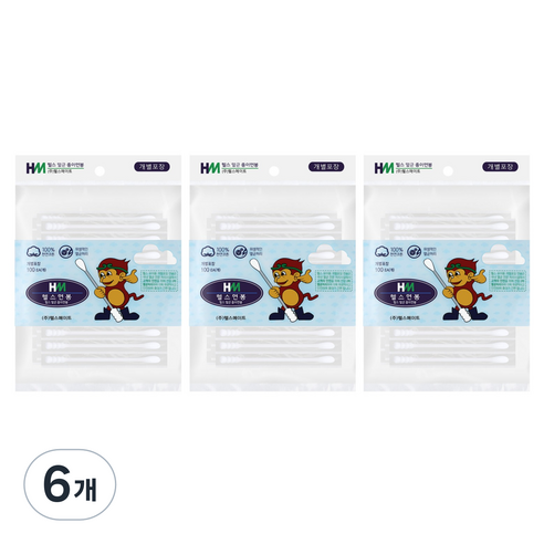 헬스면봉 100% 코튼 순면 멸균 개별포장 성인용 종이 면봉, 100개입, 6개